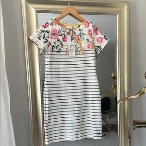 Joules Pink and Green Mini Dress with Short Raglan Sleeves and Crew Neck